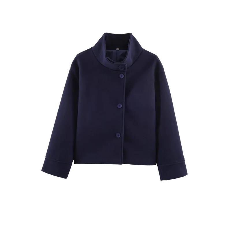 Damen Kurze Boxy-Wollmix-Jacke mit Stehkragen und aufgesetzten Pattentaschen Drune