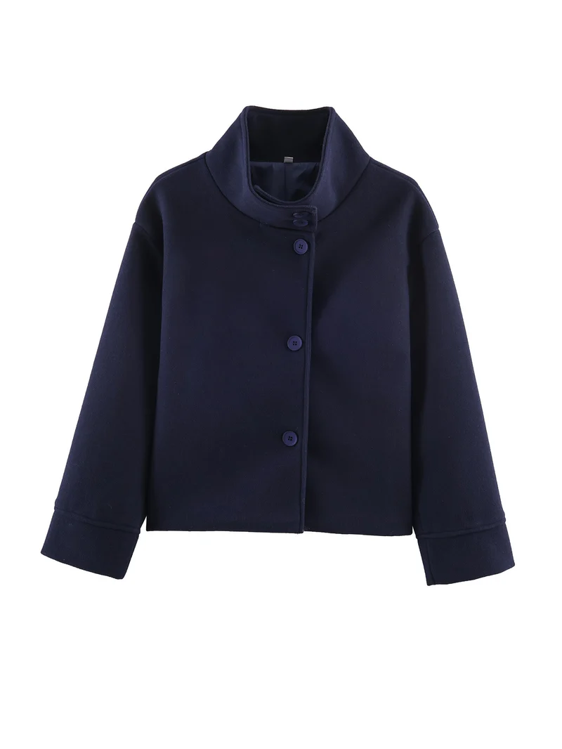 Damen Kurze Boxy-Wollmix-Jacke mit Stehkragen und aufgesetzten Pattentaschen Drune