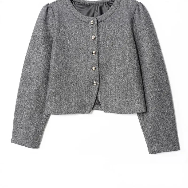 Damen Kurze Boxy‑Wollmix‑Jacke mit Rundhals und dekorativen Metallknöpfen Drune