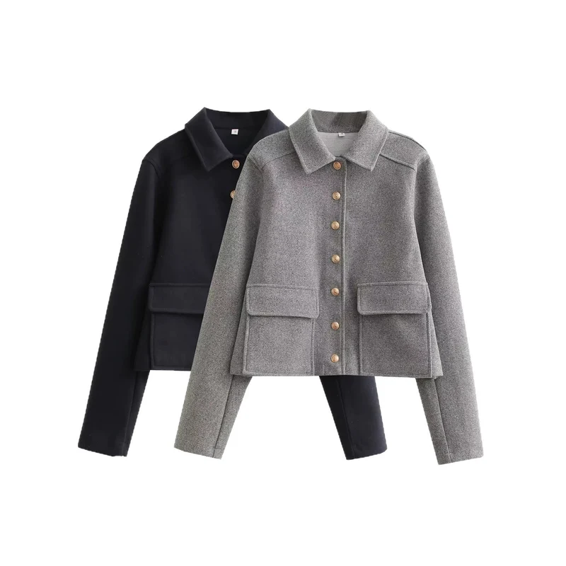 Damen Kurze Boxy-Wollmix-Jacke mit aufgesetzten Pattentaschen und goldfarbenen Zierknöpfen Drune