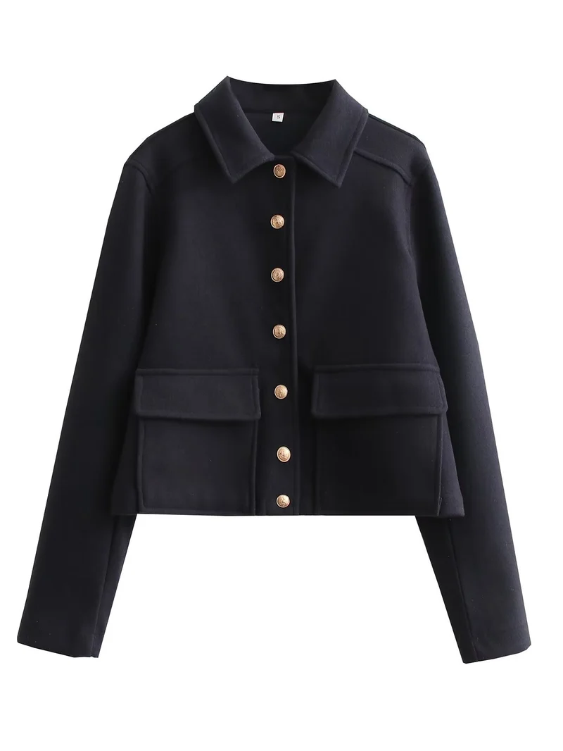 Damen Kurze Boxy-Wollmix-Jacke mit aufgesetzten Pattentaschen und goldfarbenen Zierknöpfen Drune