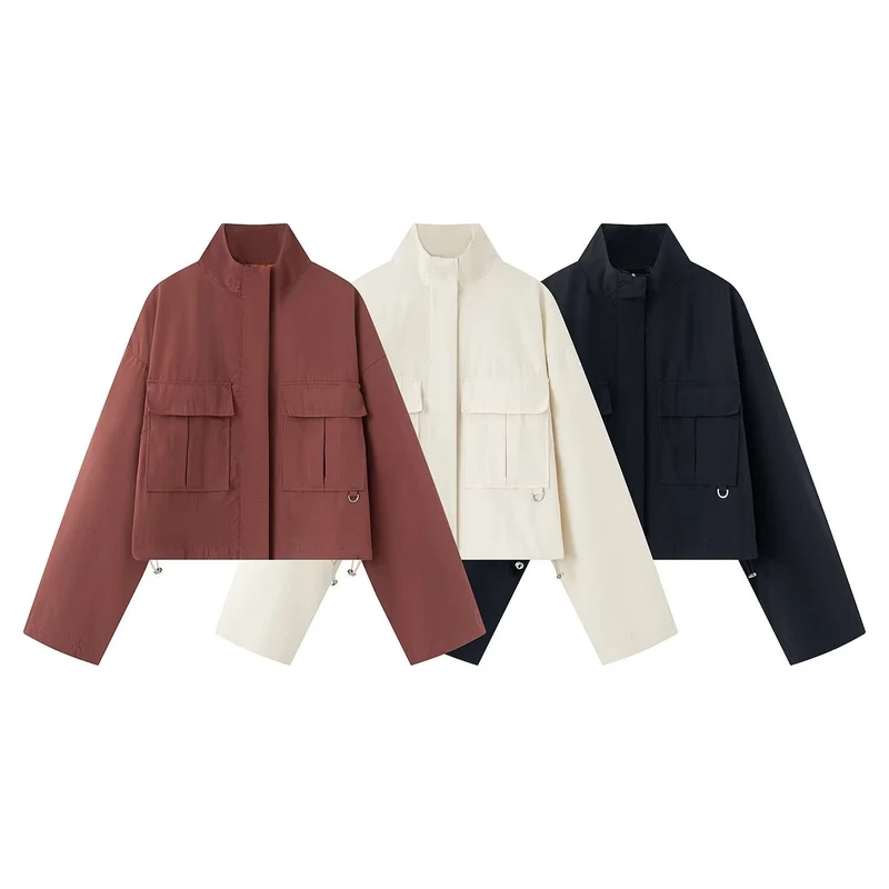 Damen Kurze Boxy-Utility-Jacke mit hohem Funnelkragen, großen Pattentaschen und Kordelzug Drune