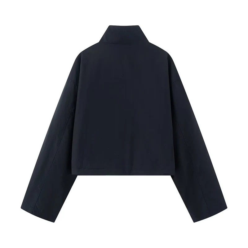 Damen Kurze Boxy-Utility-Jacke mit hohem Funnelkragen, großen Pattentaschen und Kordelzug Drune