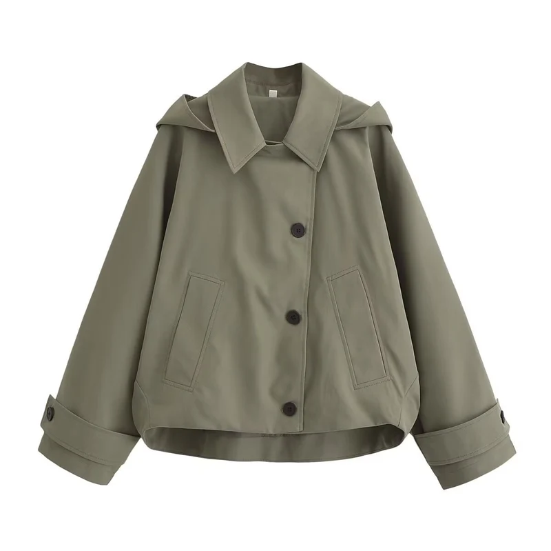 Damen Kurze Boxy-Übergangsjacke mit Kapuze und Hemdkragen Drune