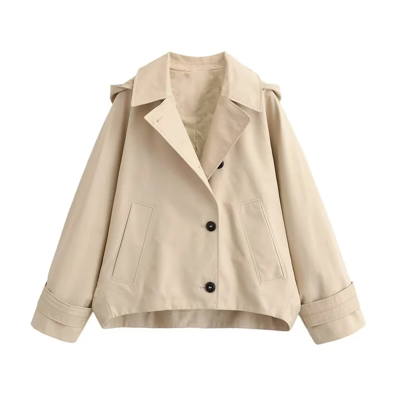 Damen Kurze Boxy-Übergangsjacke mit Kapuze und Hemdkragen Drune