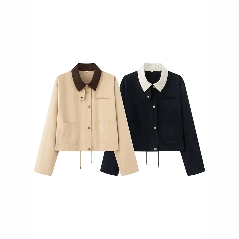 Damen Kurze Boxy-Übergangsjacke mit Cordkragen, Kordelzug und aufgesetzten Taschen Drune