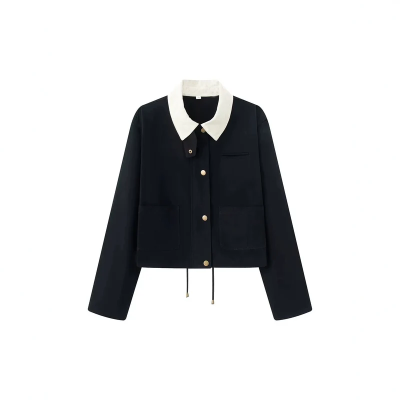 Damen Kurze Boxy-Übergangsjacke mit Cordkragen, Kordelzug und aufgesetzten Taschen Drune