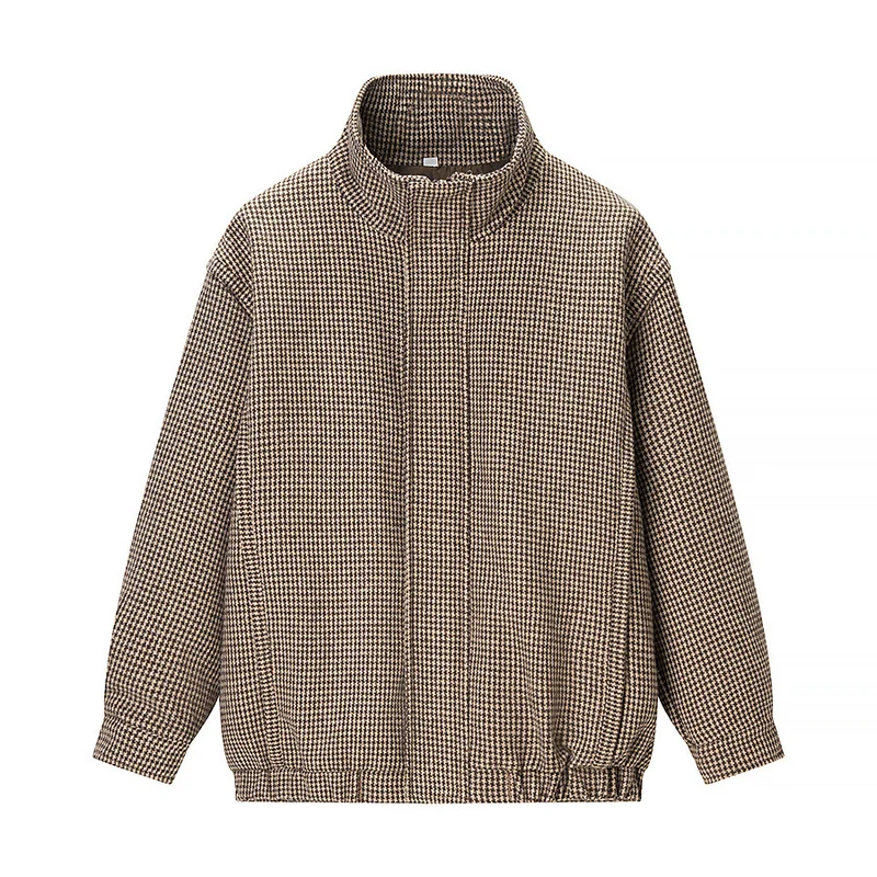 Damen Kurze Boxy-Übergangsjacke im Hahnentritt mit Stehkragen und Gummibund Drune