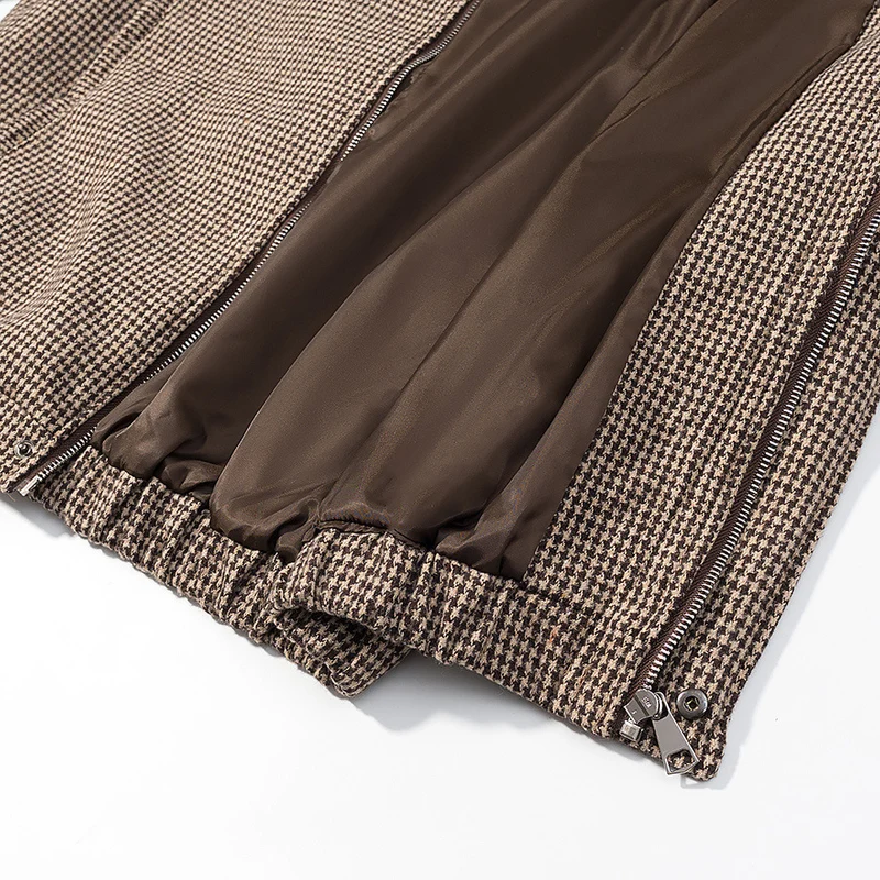 Damen Kurze Boxy-Übergangsjacke im Hahnentritt mit Stehkragen und Gummibund Drune