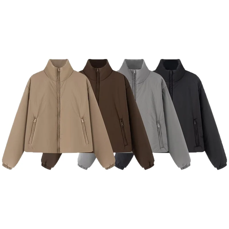 Damen Kurze Boxy‑Steppjacke mit hohem Stehkragen, Reißverschlusstaschen und elastischen Bündchen Drune