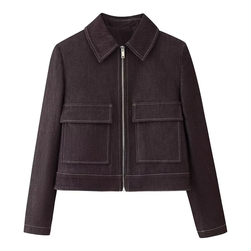 Damen Kurze Boxy-Jeansjacke mit durchgehendem Reißverschluss und aufgesetzten Klappentaschen Drune