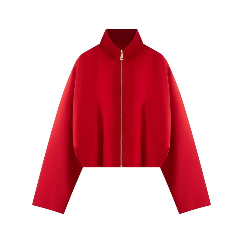 Damen Kurze Boxy-Jacke mit hohem Stehkragen, durchgehendem Reißverschluss und Oversize-Ärmeln Drune