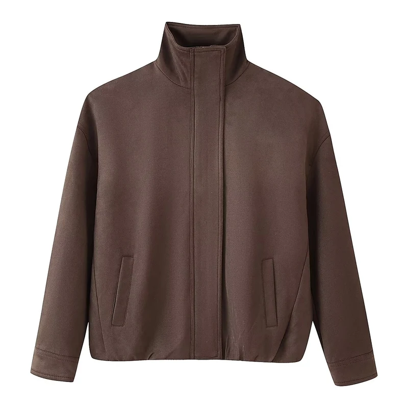 Damen Kurze Boxy‑Jacke mit Funnelkragen und verdeckter Front Drune