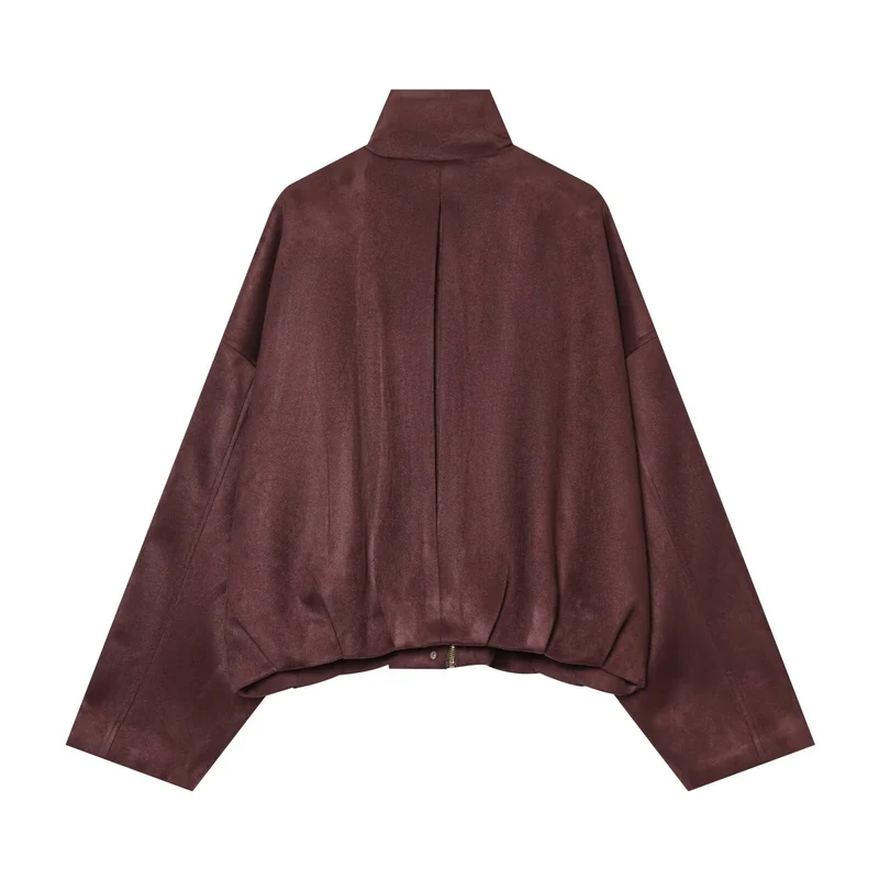 Damen Kurze Boxy-Jacke in Wildlederoptik mit Funnelkragen und Pattentaschen Drune