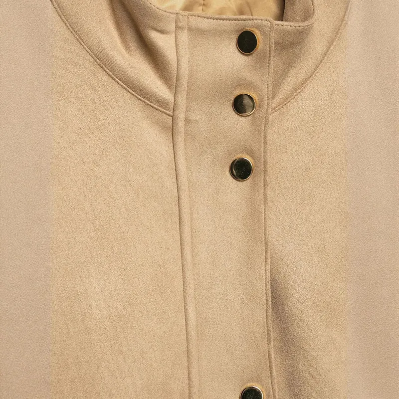 Damen Kurze Boxy-Jacke in Veloursoptik mit Stehkragen und Druckknopfleiste Drune