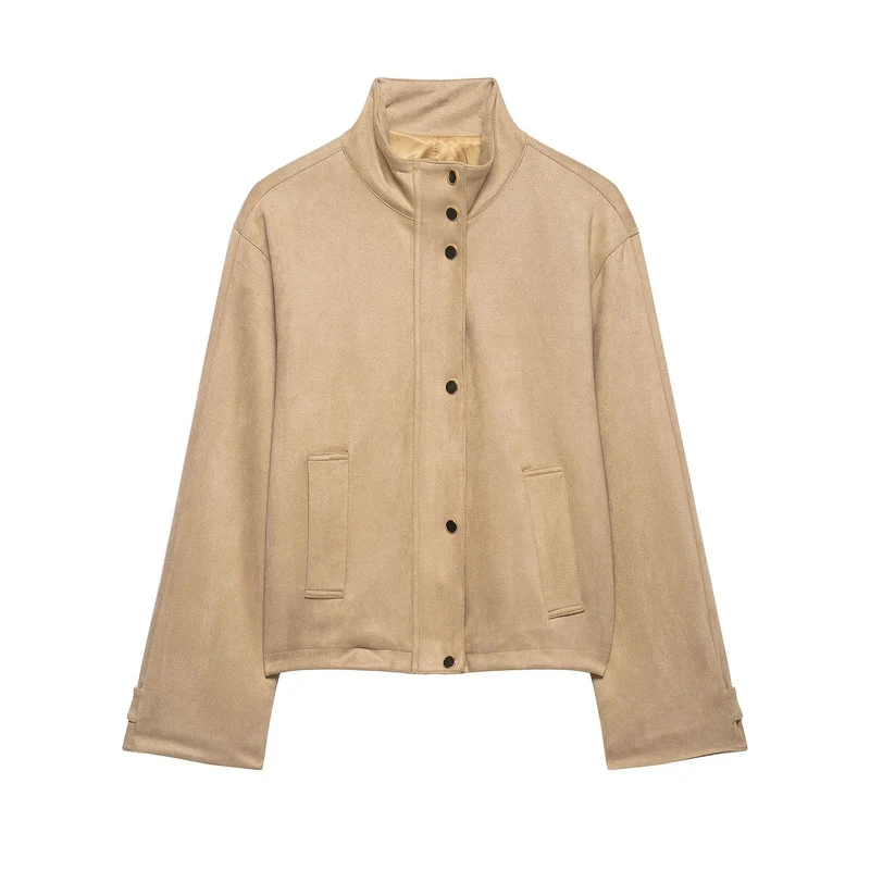 Damen Kurze Boxy-Jacke in Veloursoptik mit Stehkragen und Druckknopfleiste Drune