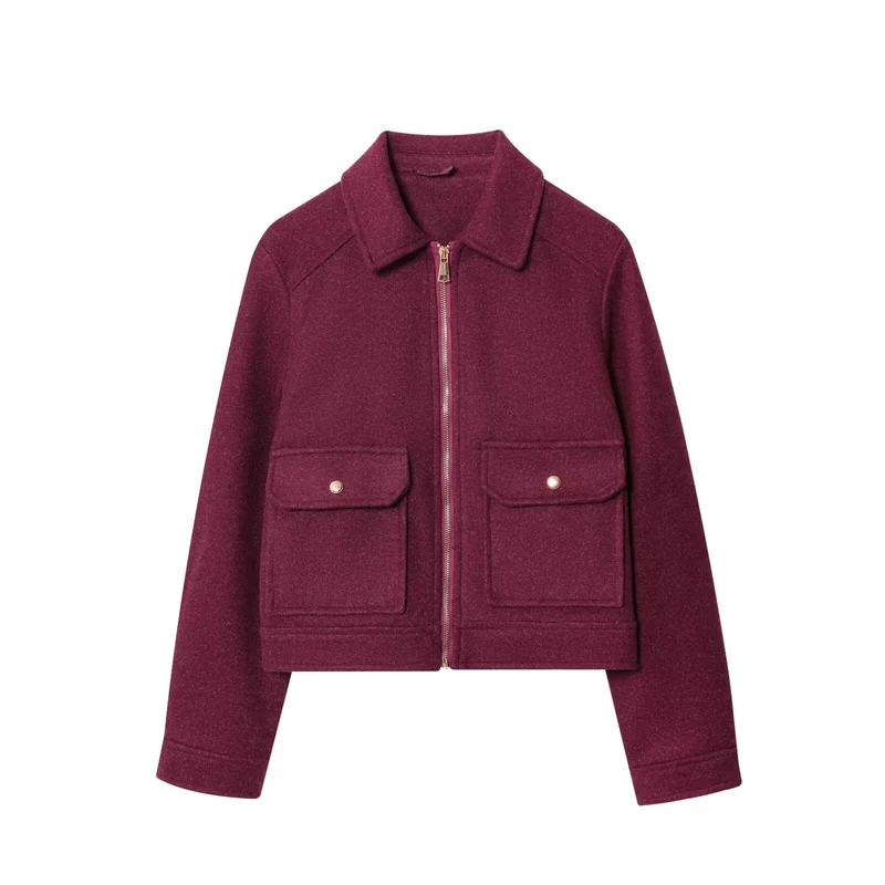 Damen Kurze Boxy‑Jacke in Velourslederoptik mit Stehkragen, Reißverschluss und aufgesetzten Pattentaschen Drune