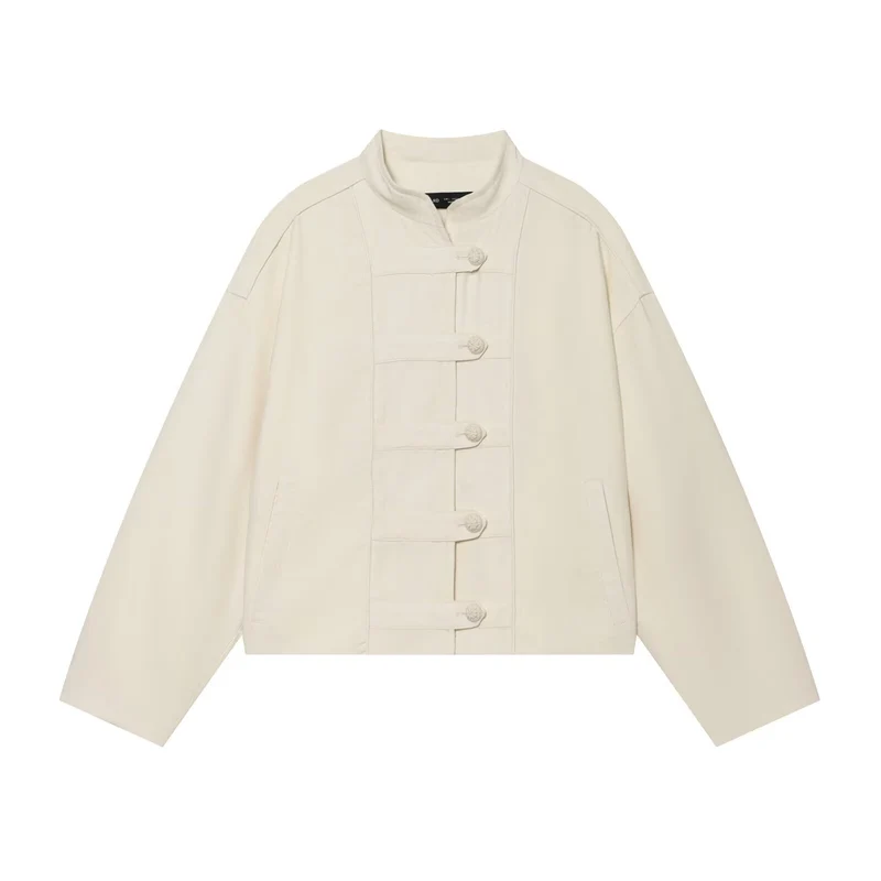 Damen Kurze Boxy‑Jacke im Mandarinstil mit dekorativen Stoffknotenverschlüssen Drune