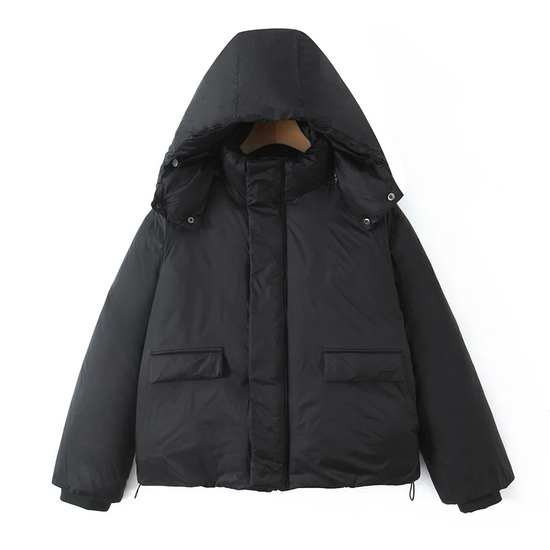 Damen Kurze boxy Funktionsjacke mit Kapuze, wattierter Isolierung und diagonalen Reißverschlusstaschen Drune