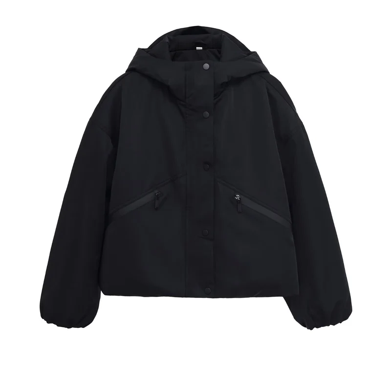 Damen Kurze boxy Funktionsjacke mit Kapuze, wattierter Isolierung und diagonalen Reißverschlusstaschen Drune