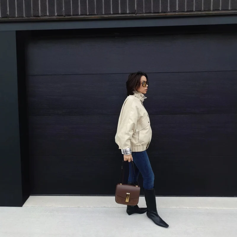 Damen Kurze Boxy-Fieldjacke mit hohem Funnelkragen und karierten Ärmelumschlägen Drune