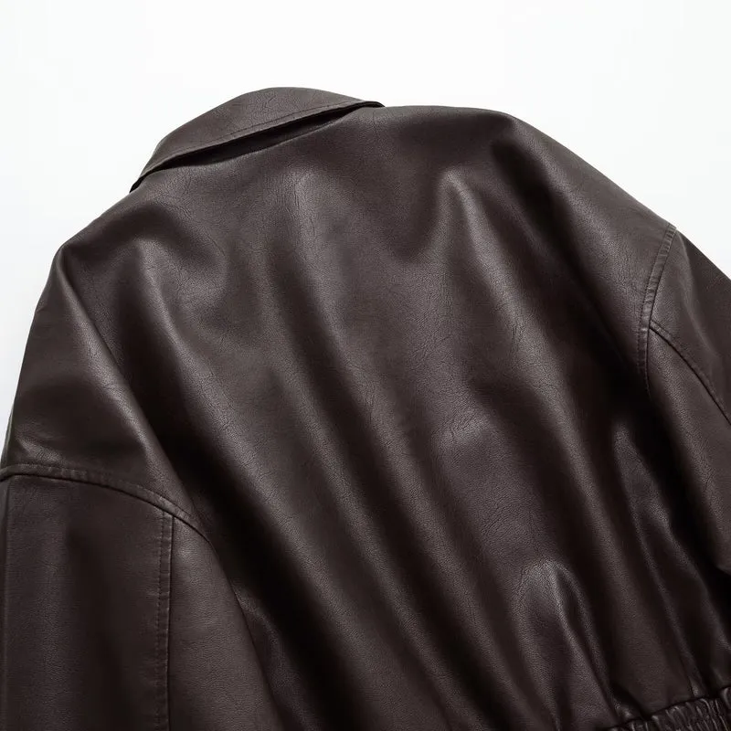 Damen Kurze Boxy-Bomberjacke aus veganer Lederoptik mit Hemdkragen und elastischem Bund Drune
