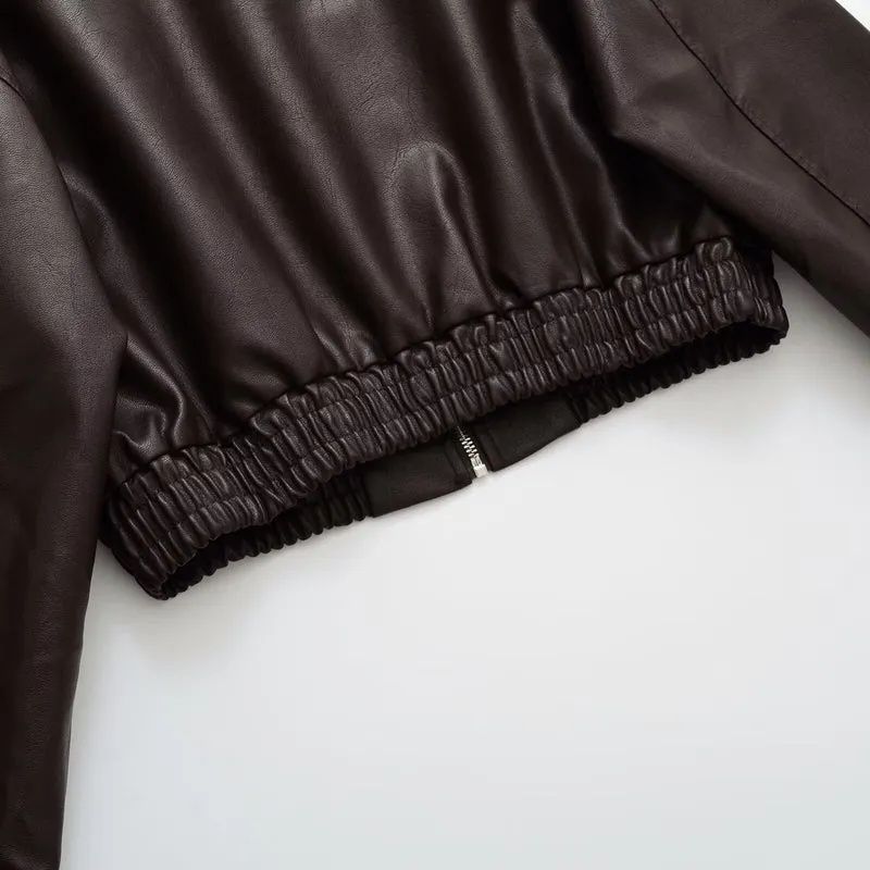 Damen Kurze Boxy-Bomberjacke aus veganer Lederoptik mit Hemdkragen und elastischem Bund Drune