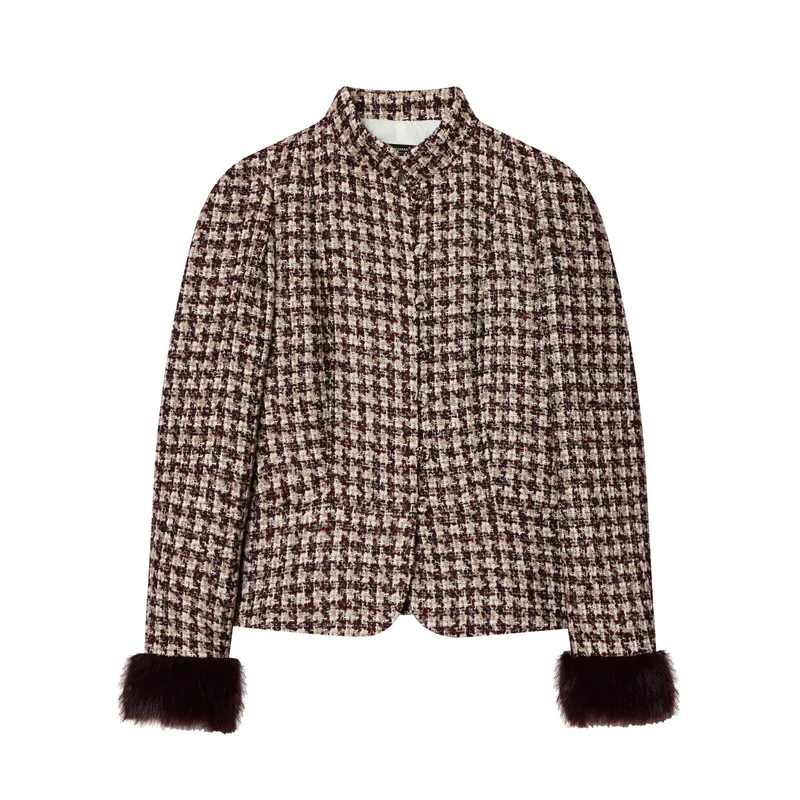 Damen Kurze Bouclé-Tweed-Jacke mit Stehkragen und Kunstfellmanschetten Drune