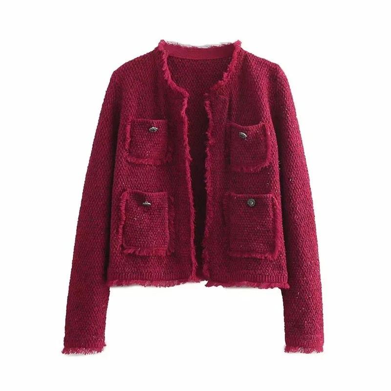 Damen kurze Bouclé‑Tweed‑Jacke mit Fransenbesatz, aufgesetzten Pattentaschen und Rundhalsausschnitt Drune