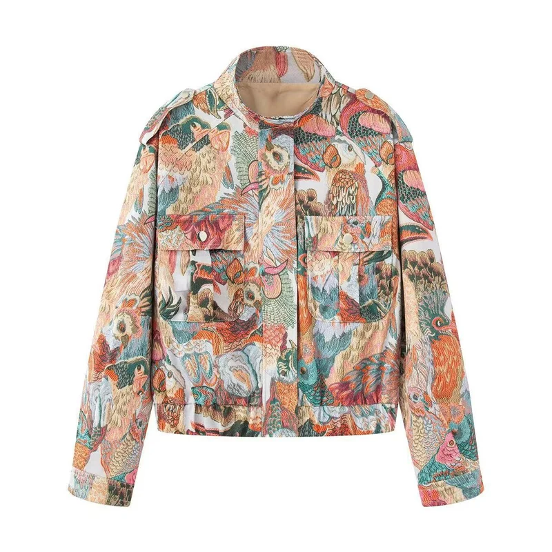 Damen Kurze Bouclé-Tapestry-Jacke mit ornamentalem Vogelprint, Pattentaschen und Stehkragen Drune