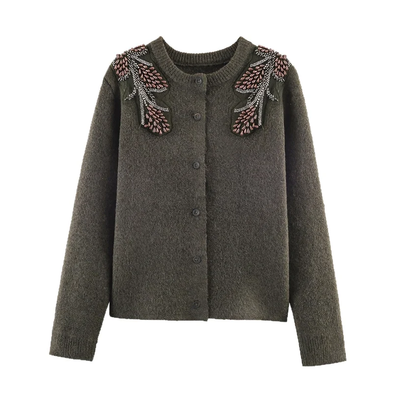 Damen Kurze Bouclé-Strickjacke mit Perlen- und Perlenapplikation an den Schultern Drune