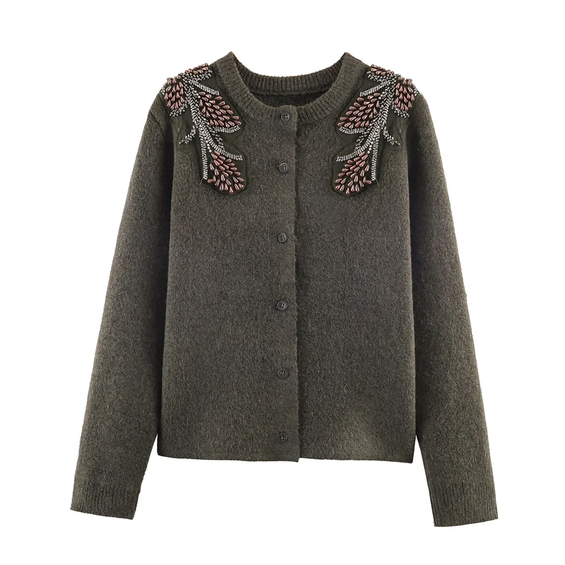 Damen Kurze Bouclé-Strickjacke mit Perlen- und Perlenapplikation an den Schultern Drune