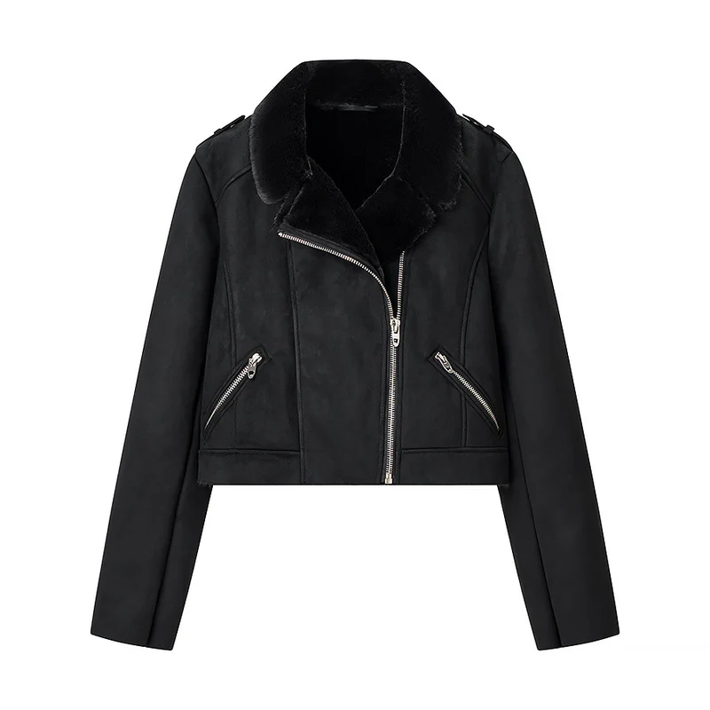 Damen Kurze Bikerjacke im Aviator-Look mit Kunstfellkragen und asymmetrischem Reißverschluss Drune