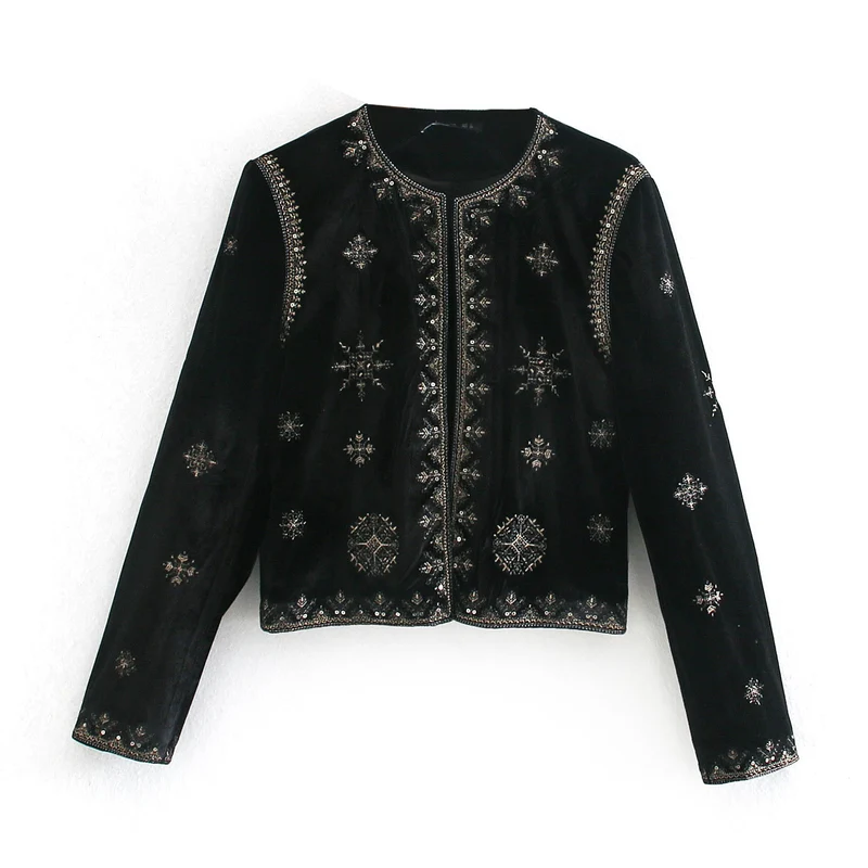 Damen Kurze bestickte Samtjacke mit Perlen- und Paillettenverzierung Drune
