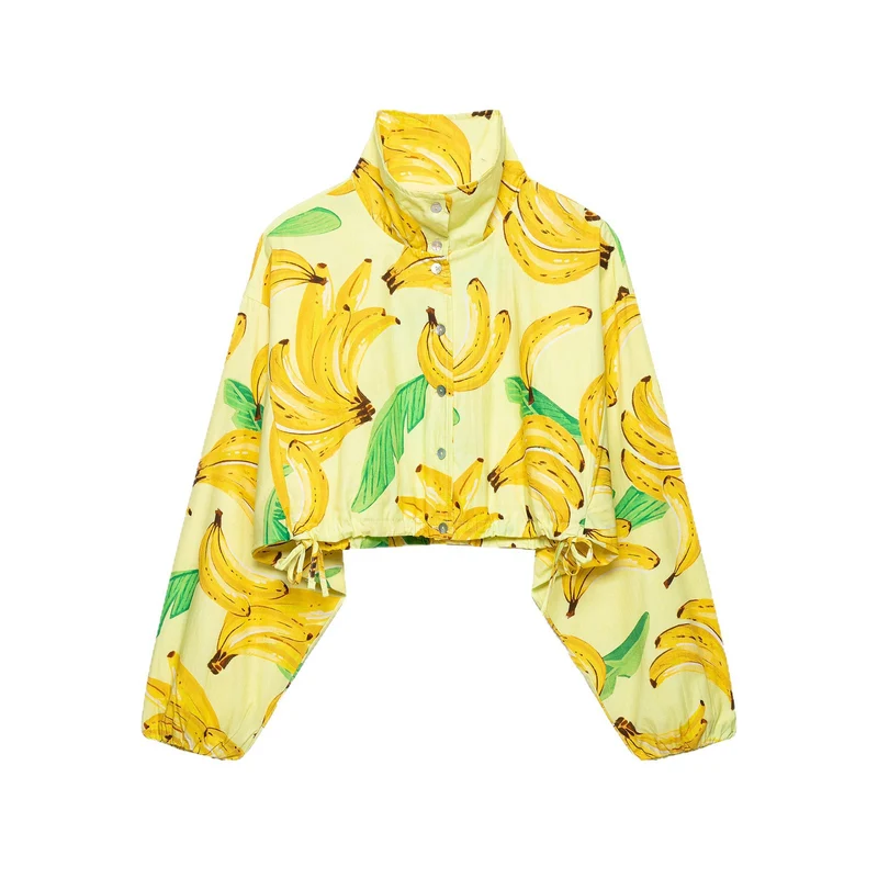 Damen Kurzbluse im Cropped-Boxy-Schnitt mit Banane‑Print, hohem Stehkragen und Tunnelzugsaum Drune
