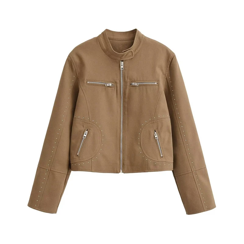 Damen Kurzblouson im Velourslook mit Stehkragen, Reißverschluss und Ziernieten Drune