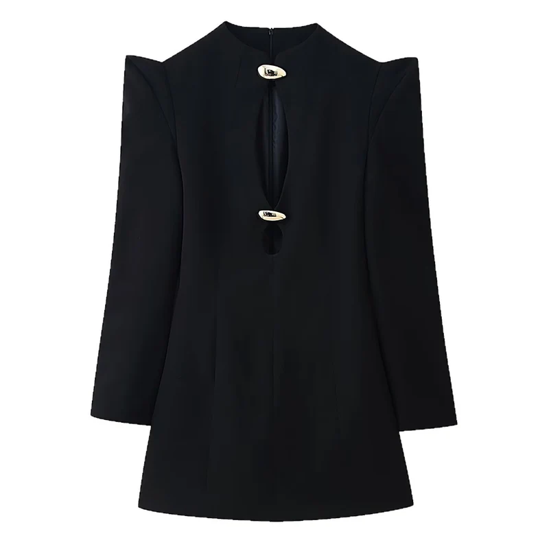 Damen Kurzblazer‑Kleid mit dramatischem Cut‑Out, betonter Schulter und goldenen Schmuckverschlüssen Drune