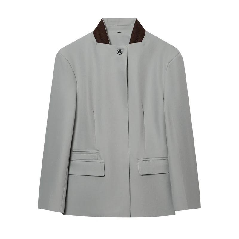Damen Kurzblazer im minimalistischen Clean‑Look mit Stehkragen und verdeckter Knopfleiste Drune