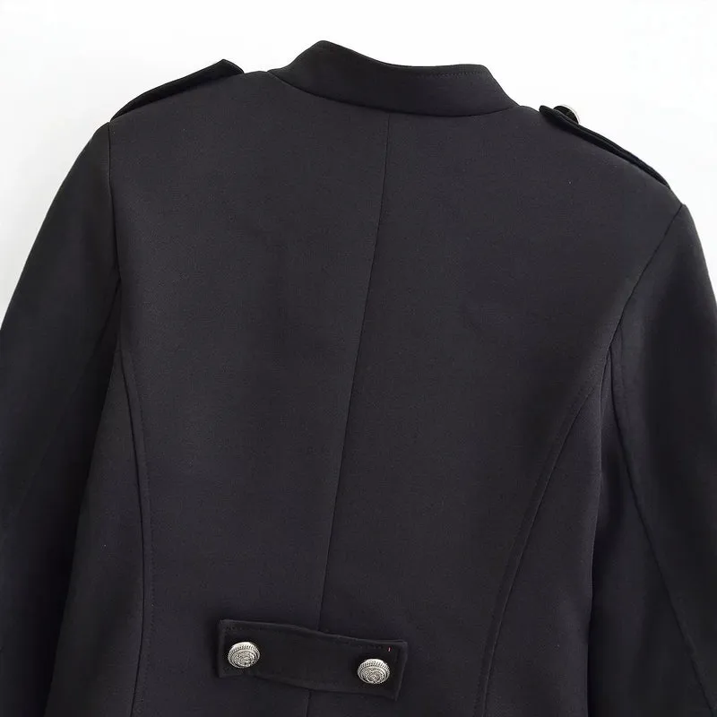 Damen Kurzblazer im militärischen Doppierreihen‑Stil mit Stehkragen und Zierknöpfen Drune