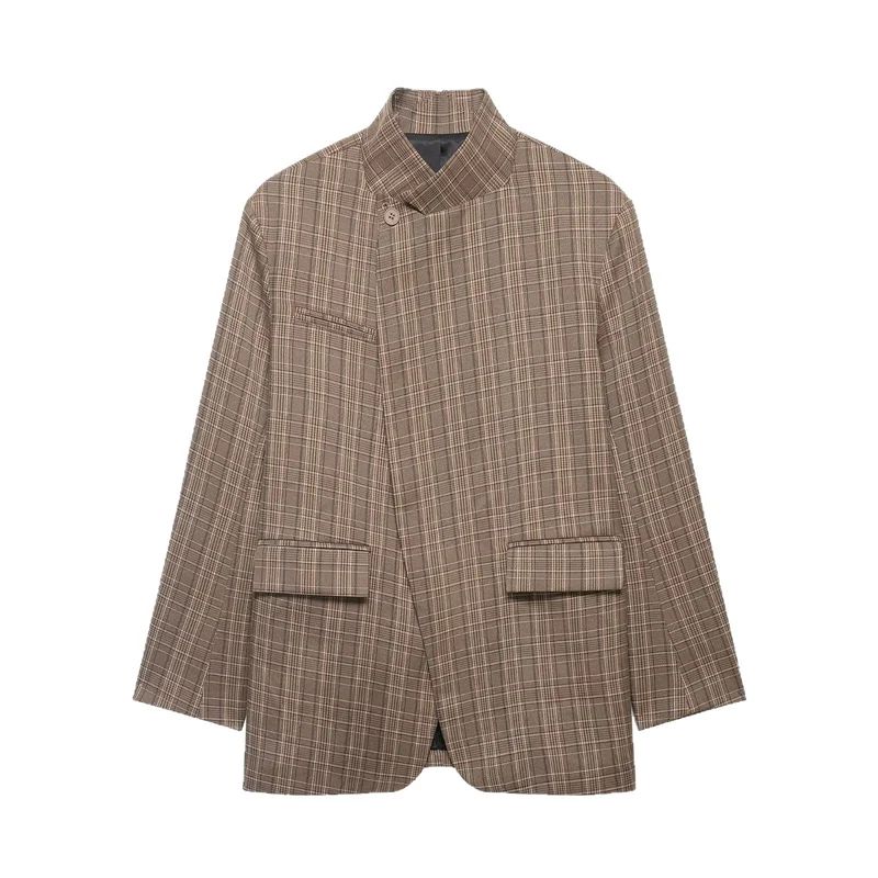 Damen Kurzblazer im Karo‑Muster mit Stehkragen, asymmetrischer Knopfleiste und Pattentaschen Drune