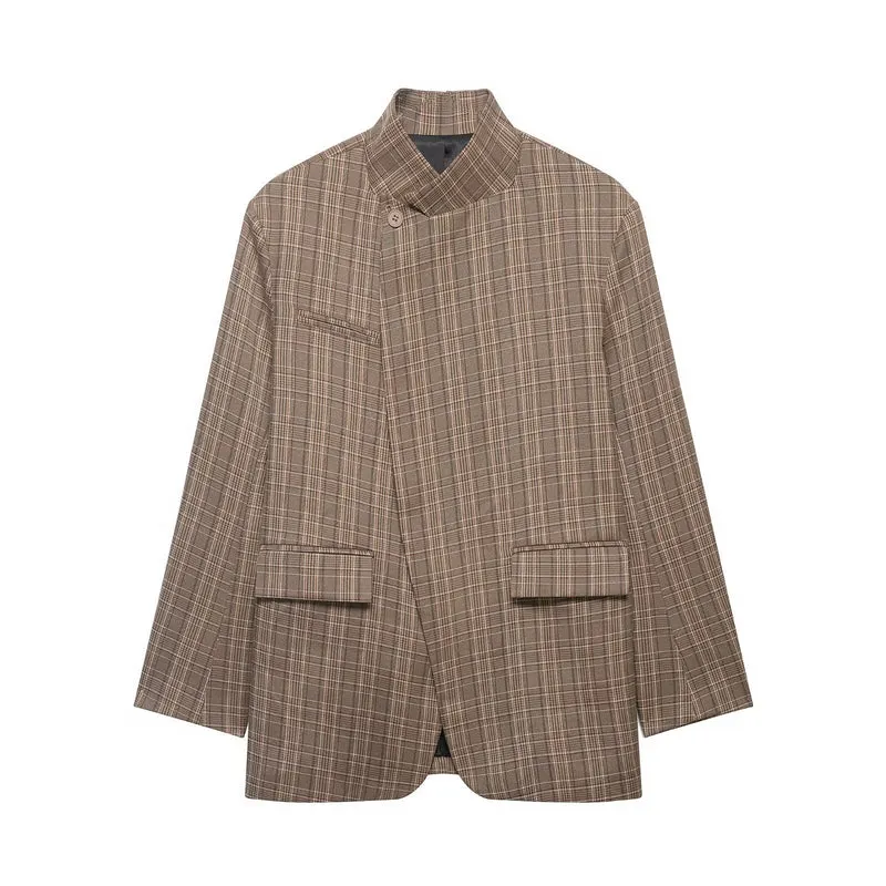 Damen Kurzblazer im Karo‑Muster mit Stehkragen, asymmetrischer Knopfleiste und Pattentaschen Drune