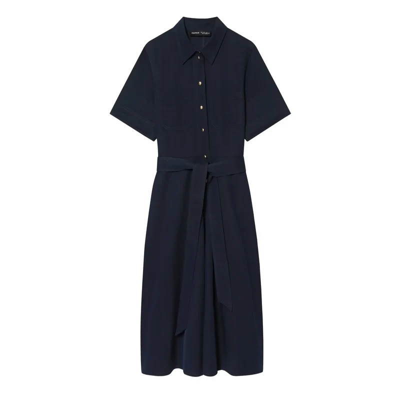 Damen Kurzarm-Hemdblusenkleid mit durchgehender Knopfleiste, Taillengürtel und Brusttaschen Drune