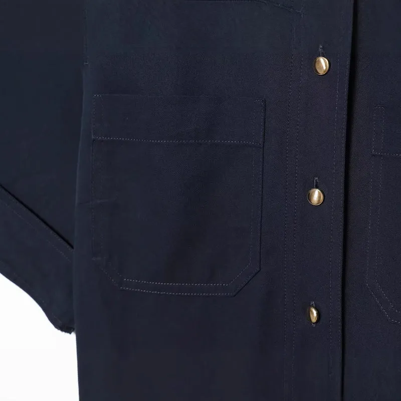 Damen Kurzarm-Hemdblusenkleid mit durchgehender Knopfleiste, Taillengürtel und Brusttaschen Drune