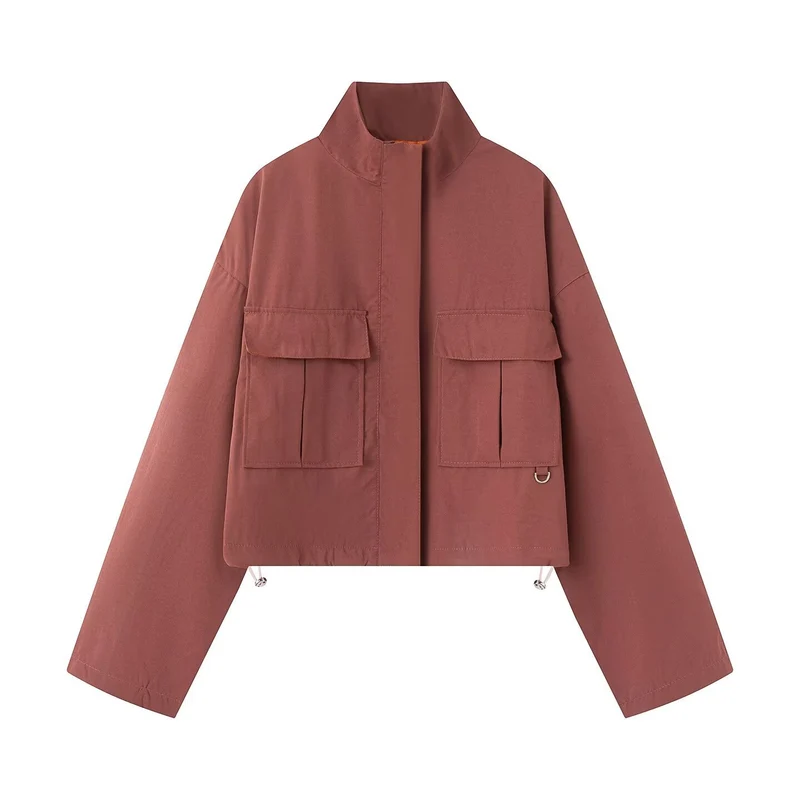 Damen Kurz-Utility-Jacke im Boxy-Schnitt mit Stehkragen und aufgesetzten Pattentaschen Drune
