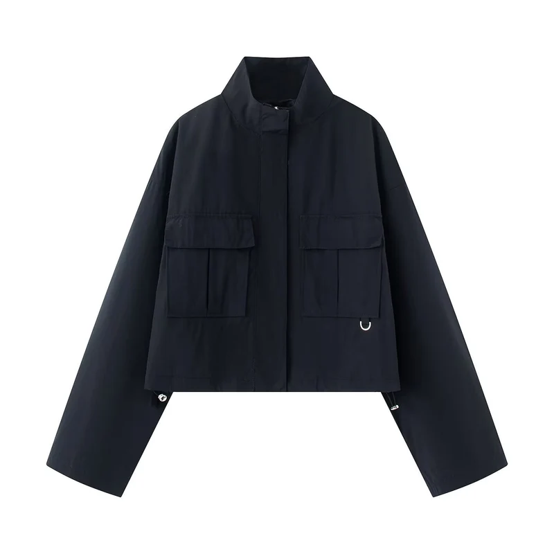 Damen Kurz-Utility-Jacke im Boxy-Schnitt mit Stehkragen und aufgesetzten Pattentaschen Drune
