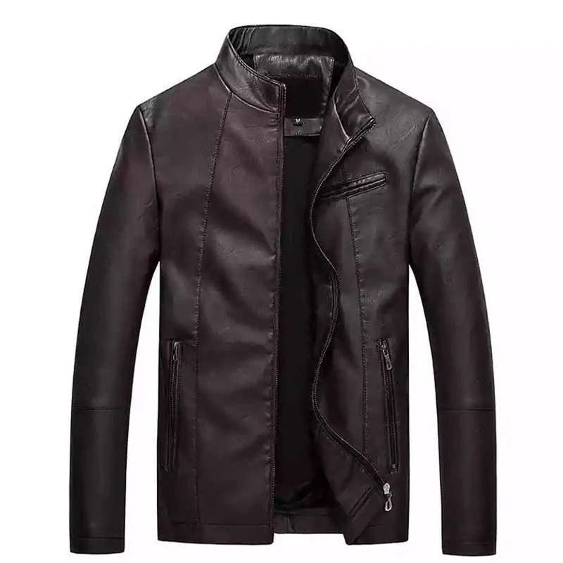 Herren Slim-Fit Kunstlederjacke mit Stehkragen und Reißverschlusstaschen Drune
