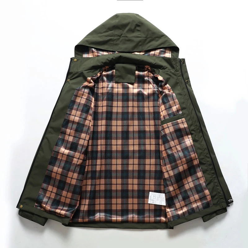 Herren Multitaschen-Softshell-Parka mit Kapuze und kariertem Innenfutter Drune