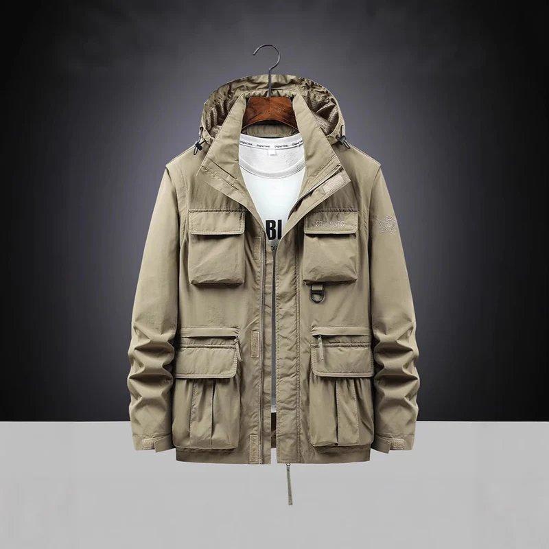 Herren Multifunktions-Fieldjacke mit Kapuzenkragen, Cargo-Taschen und D-Ring Drune