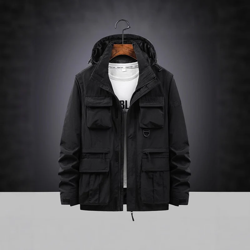 Herren Multifunktions-Fieldjacke mit Kapuzenkragen, Cargo-Taschen und D-Ring Drune