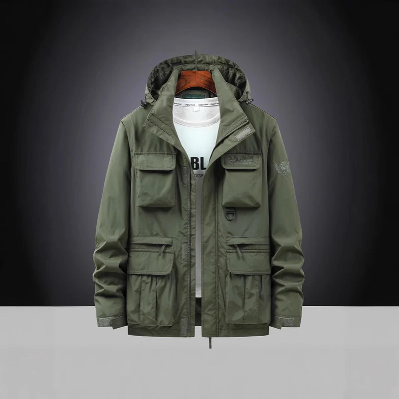 Herren Multifunktions-Fieldjacke mit Kapuzenkragen, Cargo-Taschen und D-Ring Drune